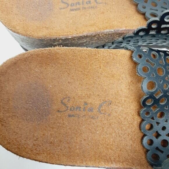 SONIA C. Italy Cork Low Wedge Heel Sandal Thong Sandal Black Geo Circle Sz 8 - Picture 9 of 12